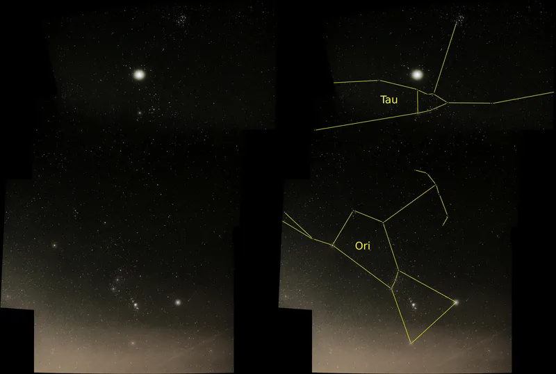 Orion und Stier mit eingezeichneten Sternbildlinien