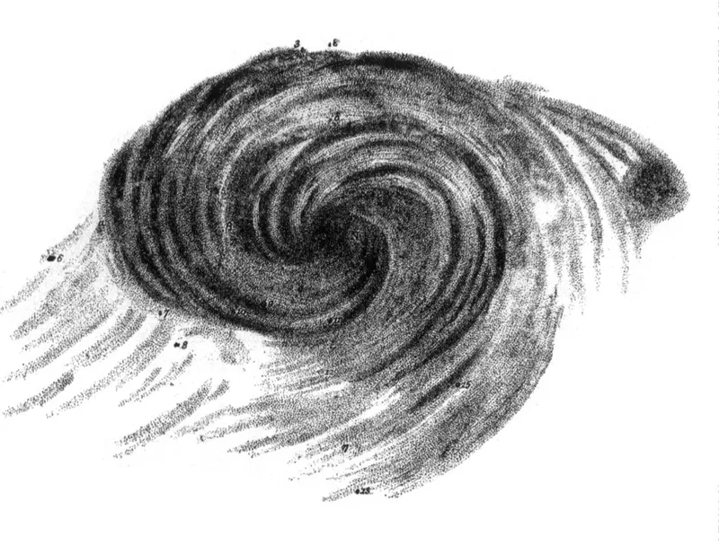 Die Whirlpool-Galaxie M 51 nach einer Zeichnung von Lord Rosse